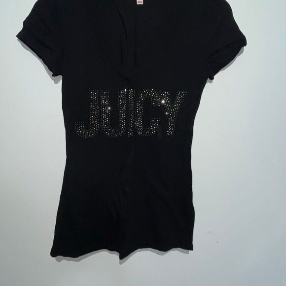 Juicy Couture Women's Black Embellished Cotton Blend V-Neck T-Shirt Size XS - Picture 2 of 11